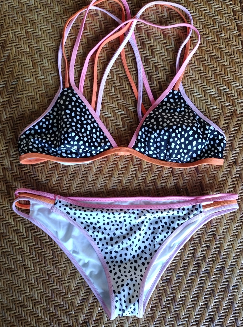 Victoria's Secret Black and White Polka Dot Bikini with Pink and Orange Trim